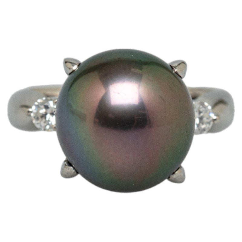 Pt900 Platinum Ring with 11.7mm Black Pearl and 0.16ct Diamond for Women - Size 10 - Preowned