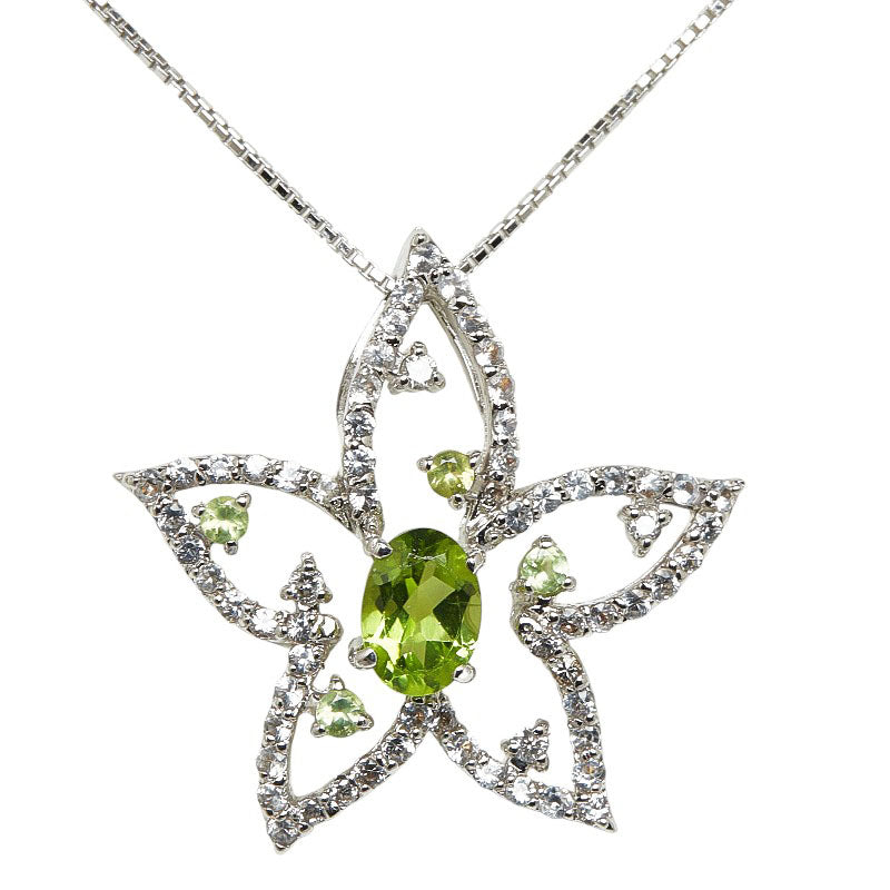 18K White Gold (K18WG) Necklace with 0.75ct Peridot and 0.06ct Diamond, Floral Design for Women