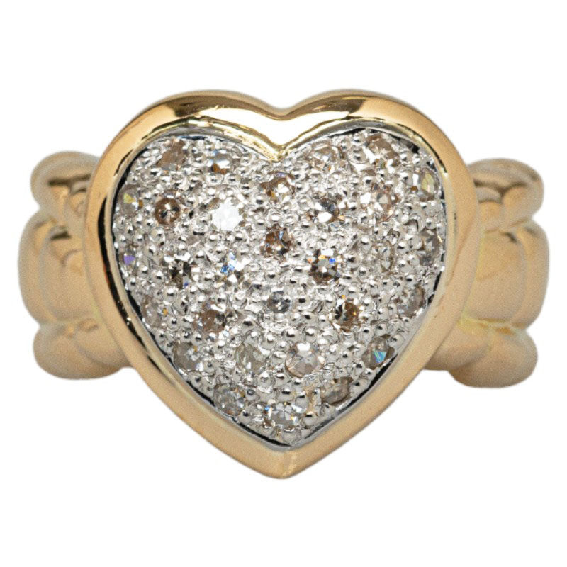 K18YG Yellow Gold and Pt900 Platinum Heart Pave Ring with 0.30ct Diamond for Women - Size 1.5 - Preowned.