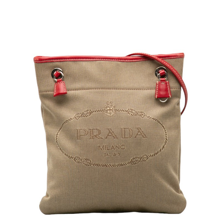 Prada Canvas Leather Logo Jacquard Crossbody Bag in Good Condition