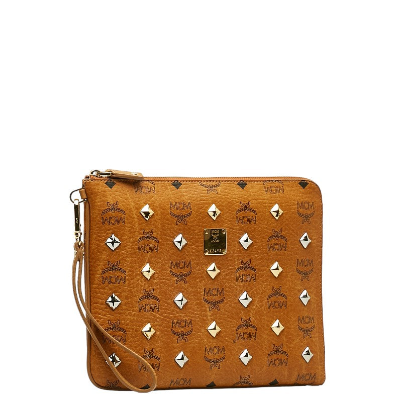 MCM Visetos Logo Studded Clutch Bag Brown PVC Leather