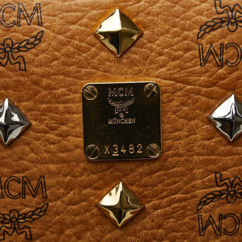 MCM Visetos Logo Studded Clutch Bag Brown PVC Leather