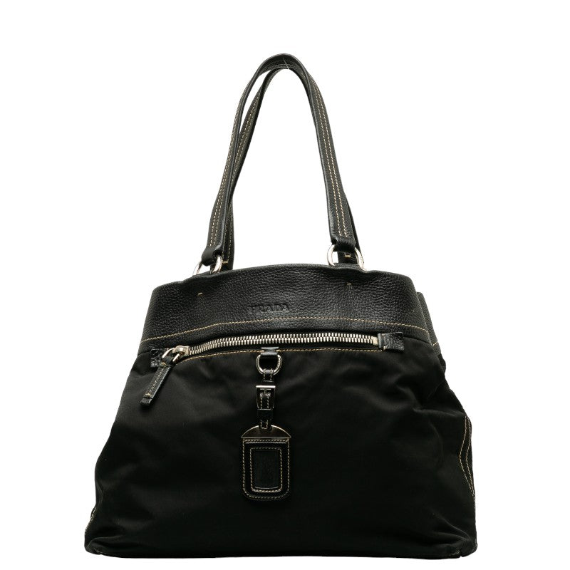 Prada Nylon Leather Handbag Black in Good Condition