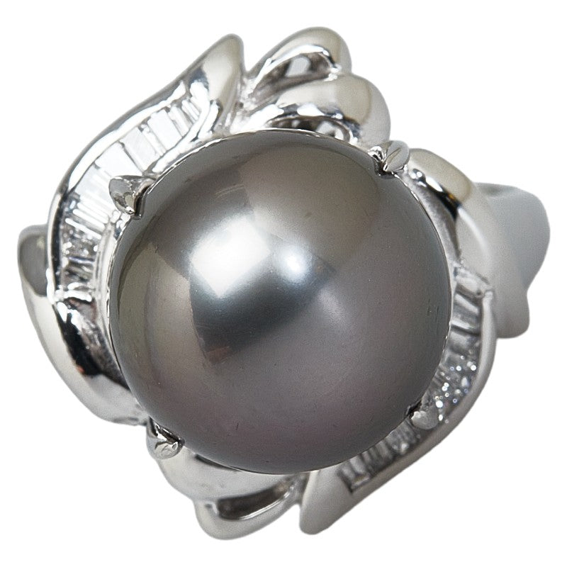 Platinum Ring with 11.5mm Black Pearl & 0.18ct Diamond, Size 12.5