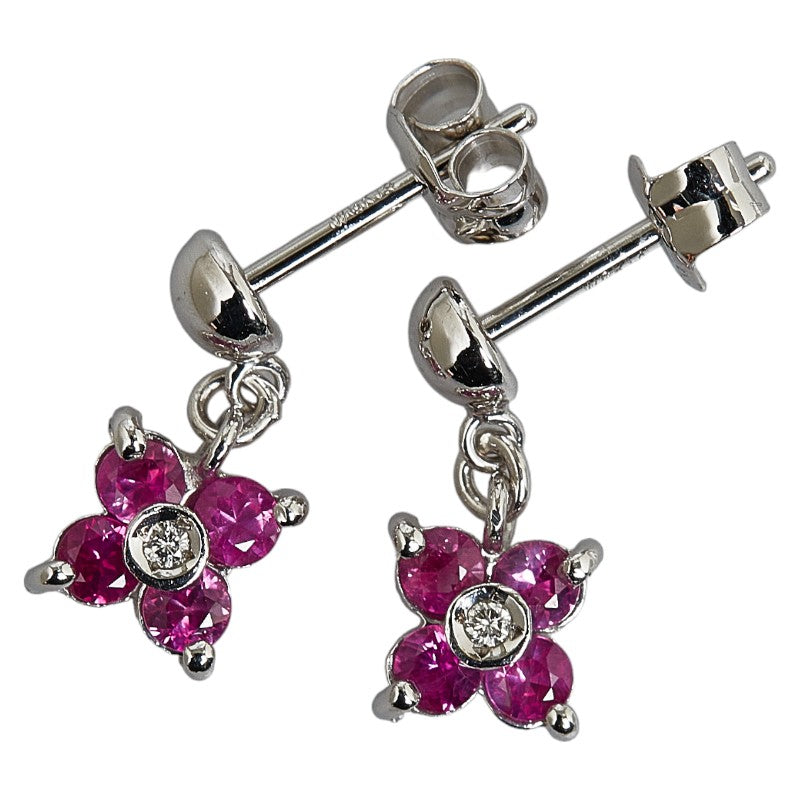 14K Ruby Diamond Flower Dangle Earrings