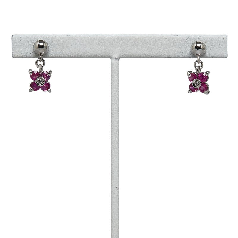 14K Ruby Diamond Flower Dangle Earrings