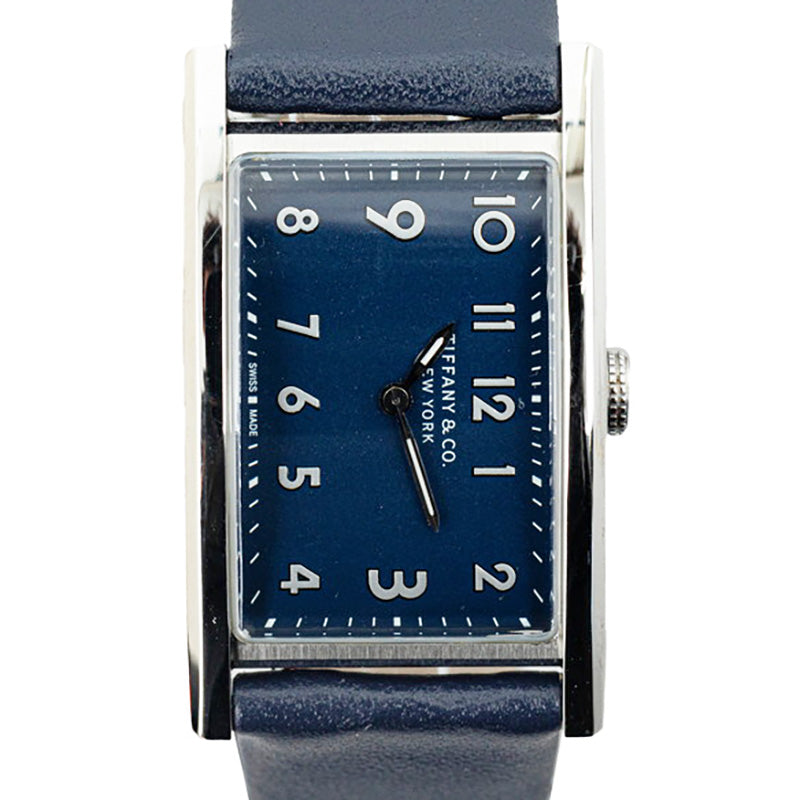 Tiffany & Co East West Quartz Watch Navy Dial Leather Stainless Steel in Very Good Condition