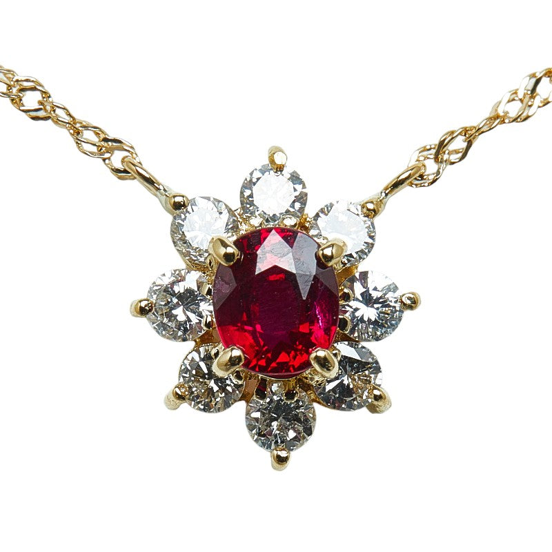 18k Gold Diamond & Ruby Flower Pendant Necklace