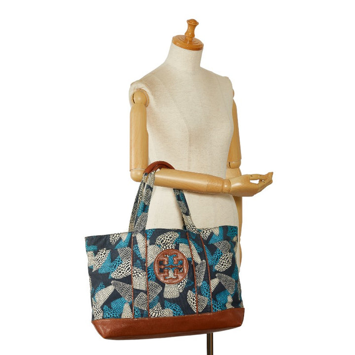 Tory Burch Canvas Leather Tote Handbag Blue Brown in Very Good Condition