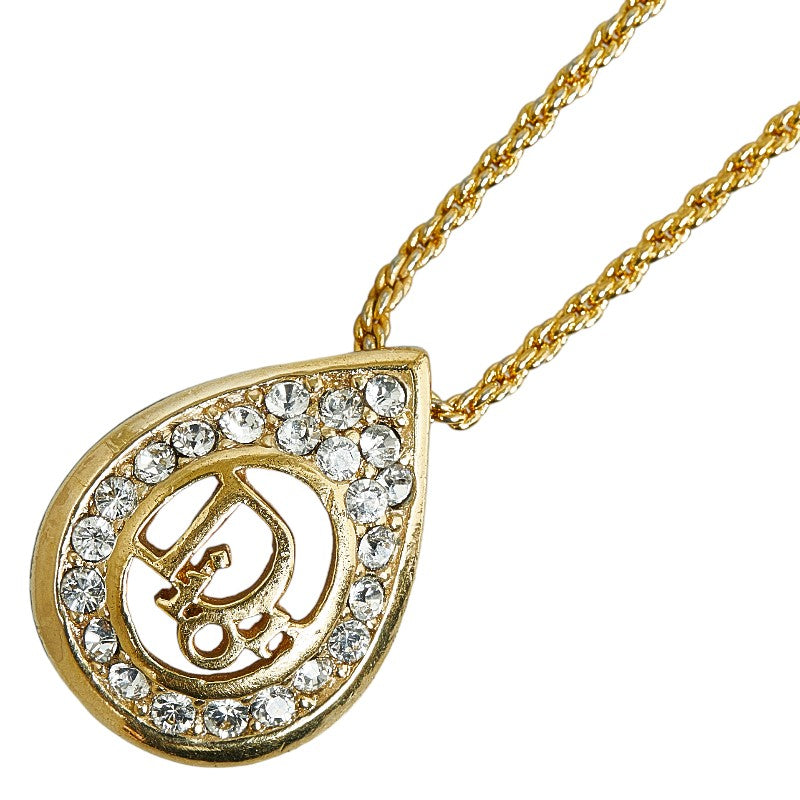 Dior Logo Rhinestone Teardrop Motif Necklace Gold Plated in Great Condition