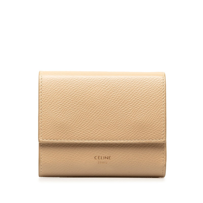 Celine Small Trifold Wallet Leather Beige in Good Condition