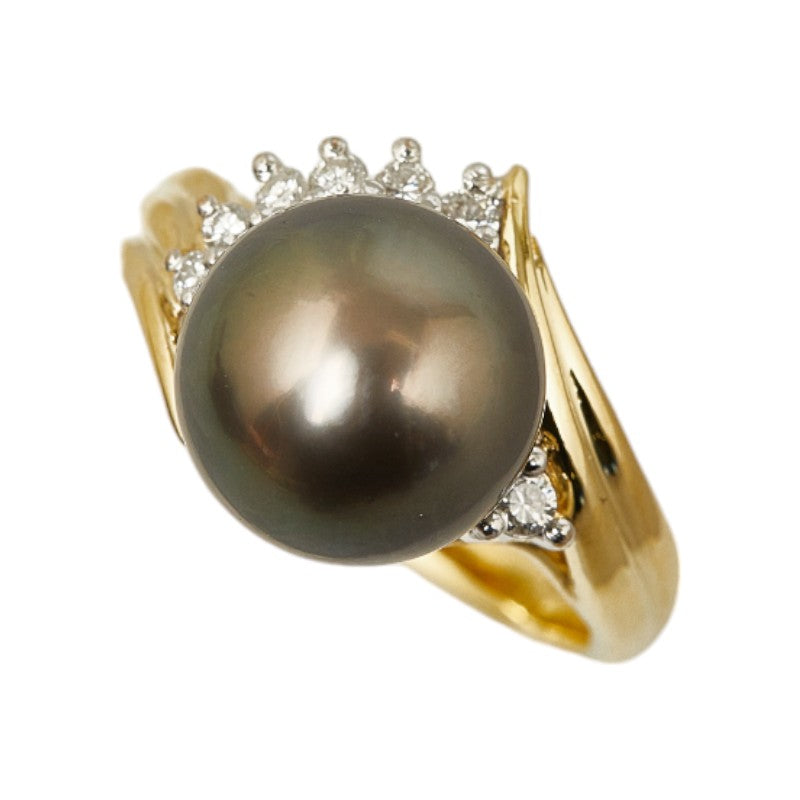 K18YG Yellow Gold Black Pearl 11mm Diamond Ring in Excellent Condition