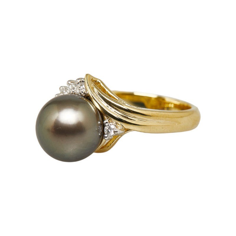 K18YG Yellow Gold Black Pearl 11mm Diamond Ring in Excellent Condition