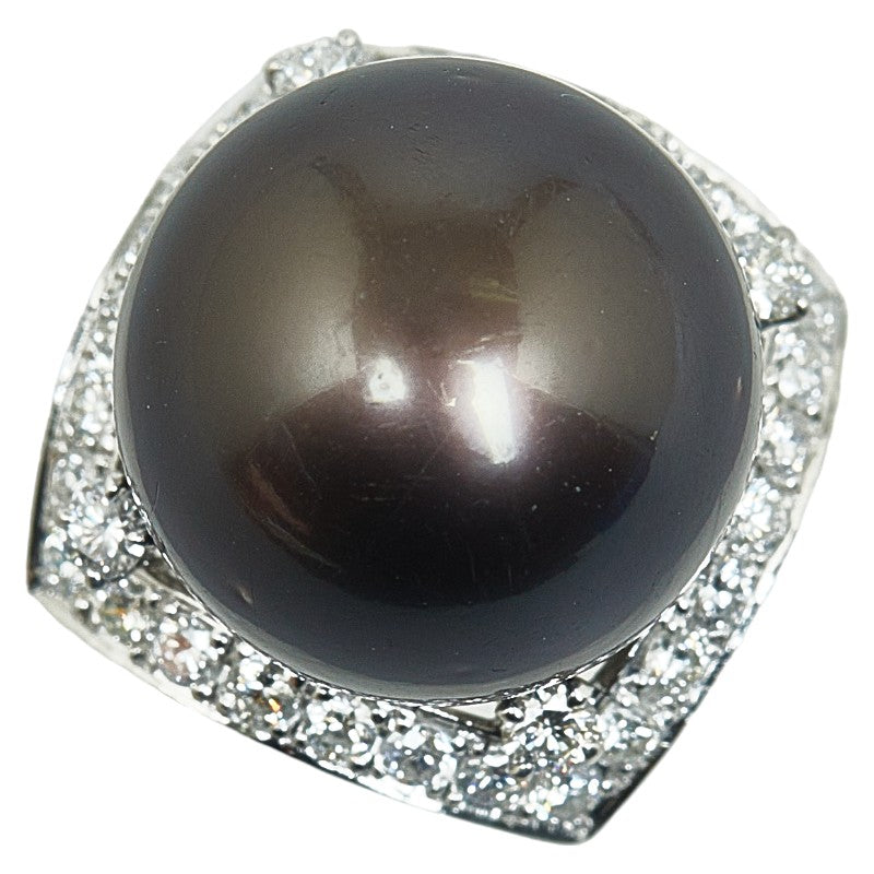 Pt900 Platinum Black Pearl 14.4mm Diamond 0.78ct Ring in Excellent Condition