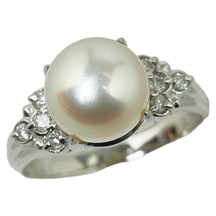 Pt900 Platinum Akoya Pearl 9.1mm Diamond 0.14ct Ring in Excellent Condition