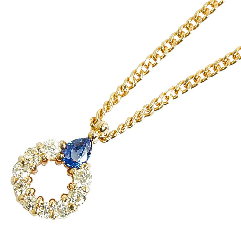 K18YG Yellow Gold Sapphire 0.20ct Diamond 0.29ct Round Teardrop Necklace in Great Condition