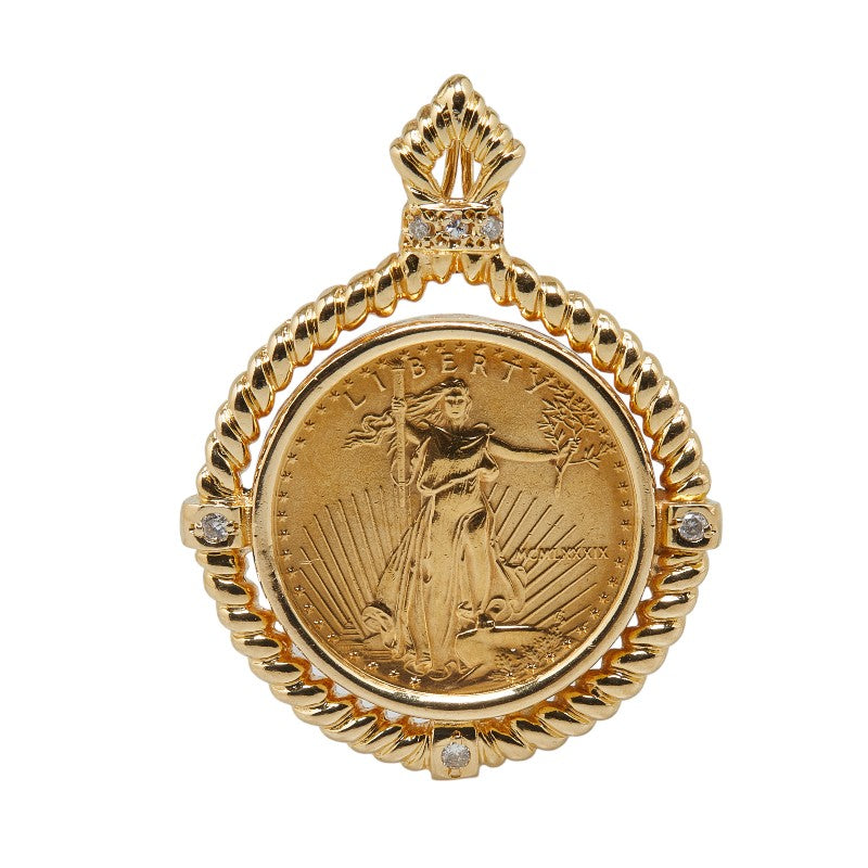 K22YG K18YG Yellow Gold Diamond Liberty Eagle $10 Coin 1/4 OZ Pendant in Great Condition