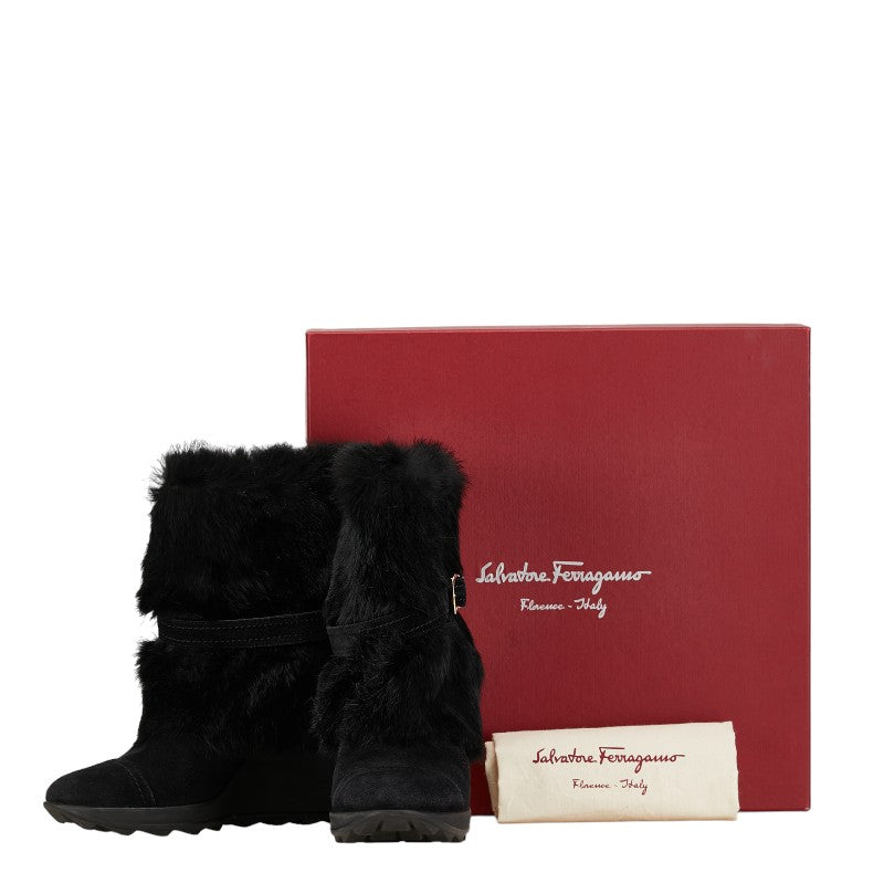 Salvatore Ferragamo Rabbit Snow Boots Suede Fur Black