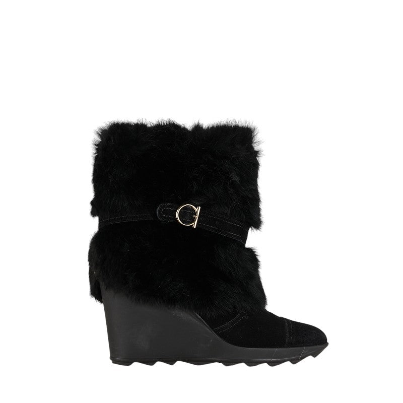 Salvatore Ferragamo Rabbit Snow Boots Suede Fur Black