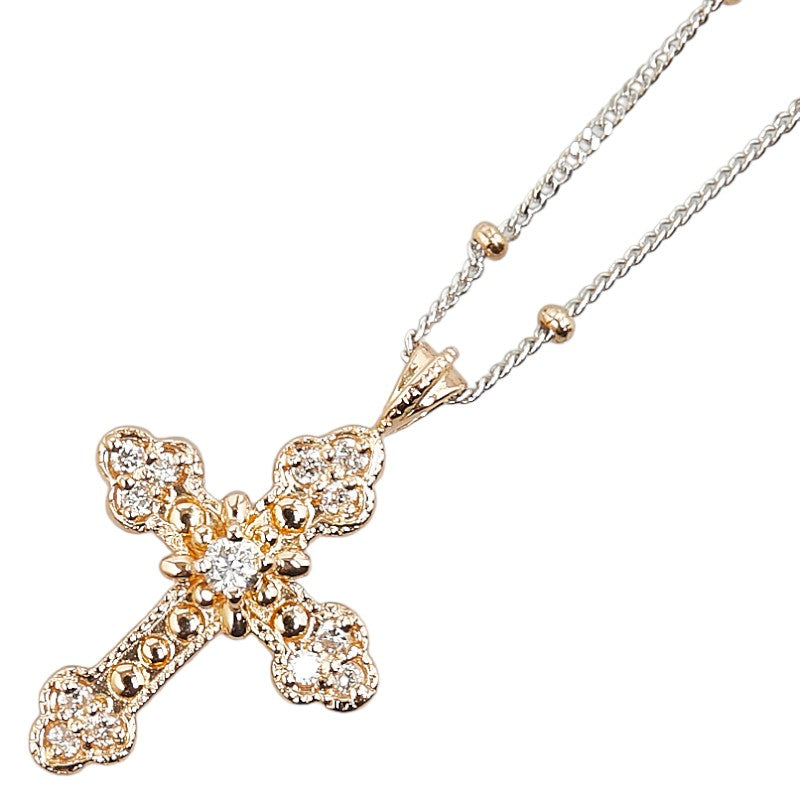 K18YG Yellow Gold K18WG White Gold Diamond Cross Pendant Necklace in Great Condition