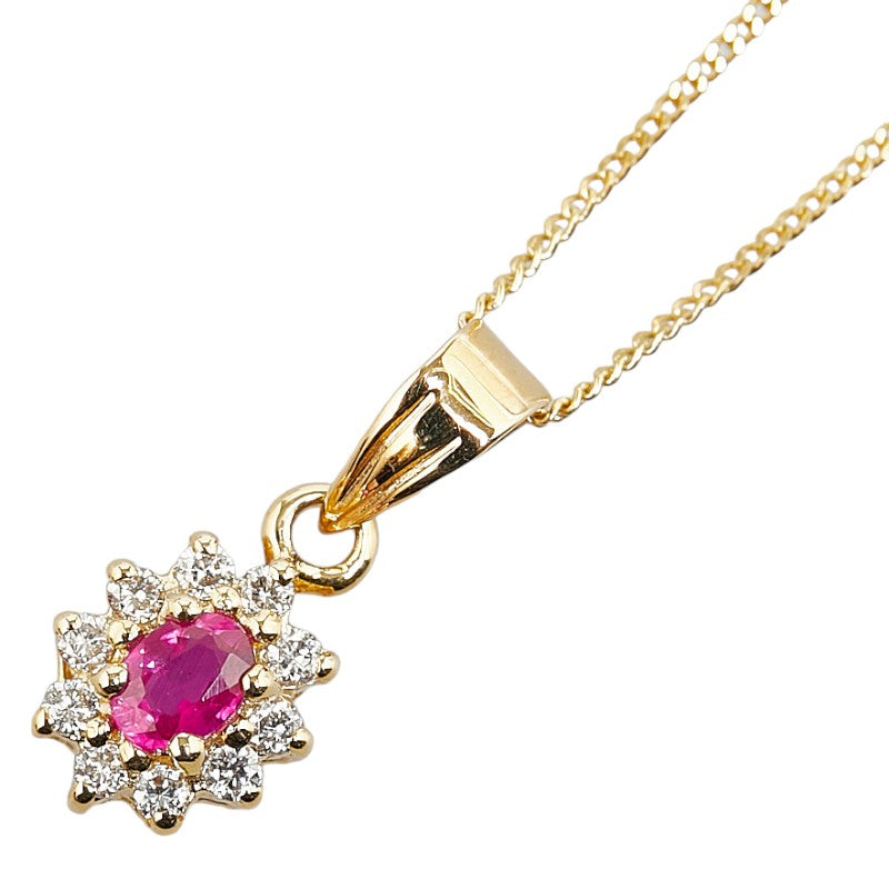 Other 18k Gold Diamond & Ruby Flower Pendant Necklace Metal Necklace in Excellent condition