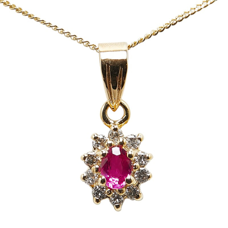 Other 18k Gold Diamond & Ruby Flower Pendant Necklace Metal Necklace in Excellent condition