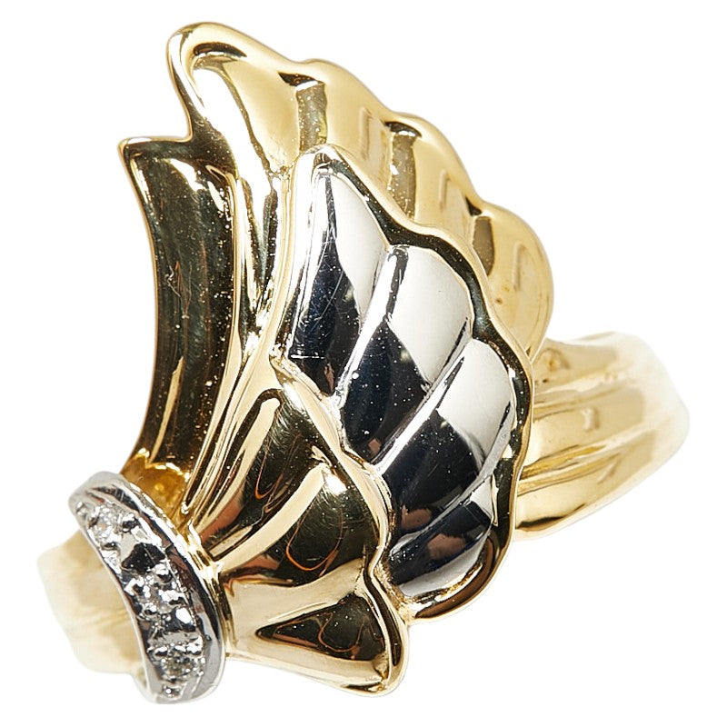 K18YG Yellow Gold Pt900 Platinum Diamond Feather Wing Motif Ring