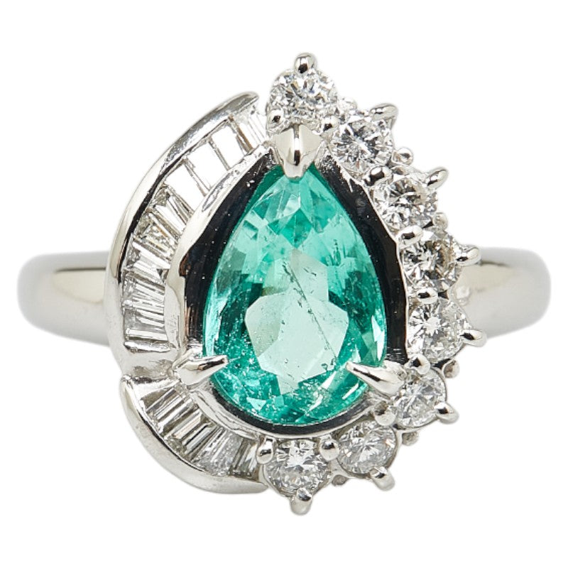 Pt900 Platinum Emerald 1.48ct Diamond 0.59ct Teardrop Motif Ring