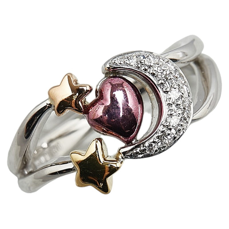 K18 White, Yellow, Purple Gold Diamond Heart Star Moon Motif Ring in Great Condition