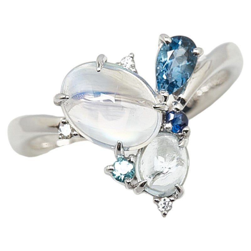 K18WG White Gold Ring with Labradorite, Diamond, Moonstone, Aquamarine, Sapphire in Excellent Condition