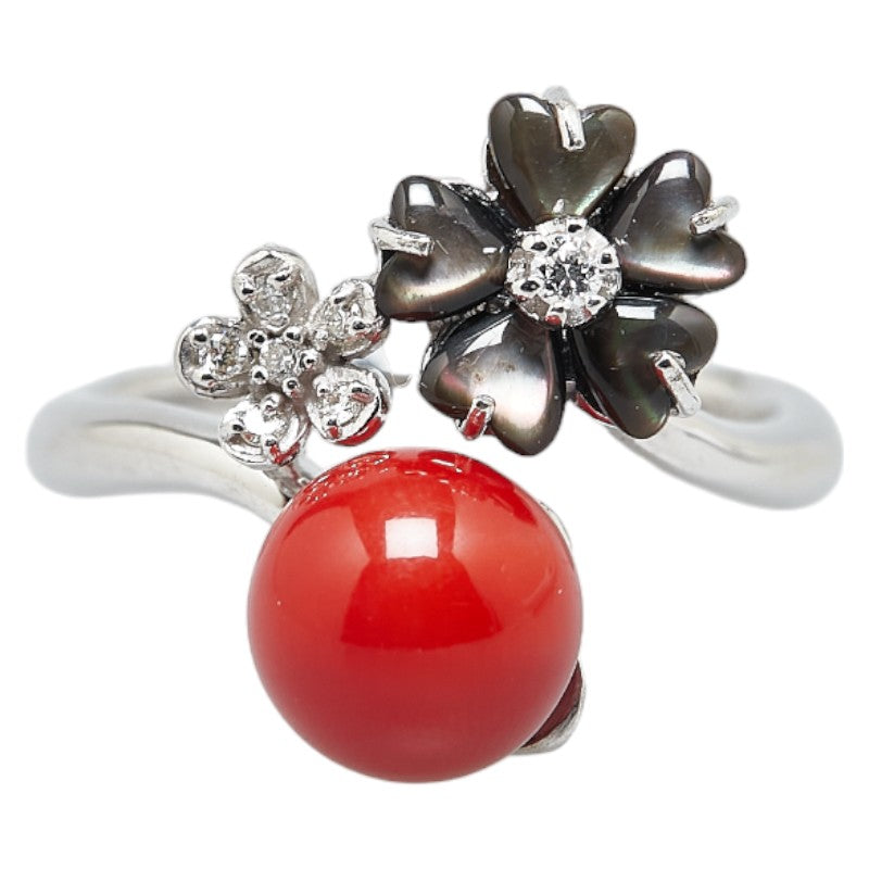 K18WG White Gold Coral Diamond Ring 10.5