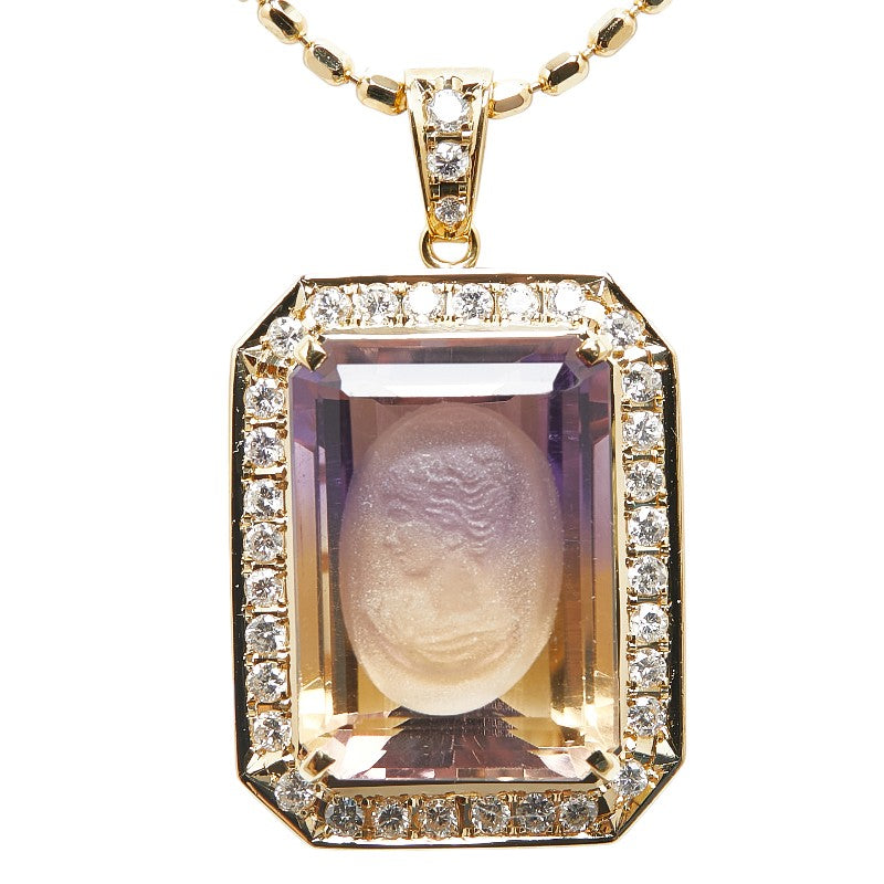 Tasaki K18YG Yellow Gold Ametrine 12.40ct Diamond 0.58ct Cameo Pendant Necklace