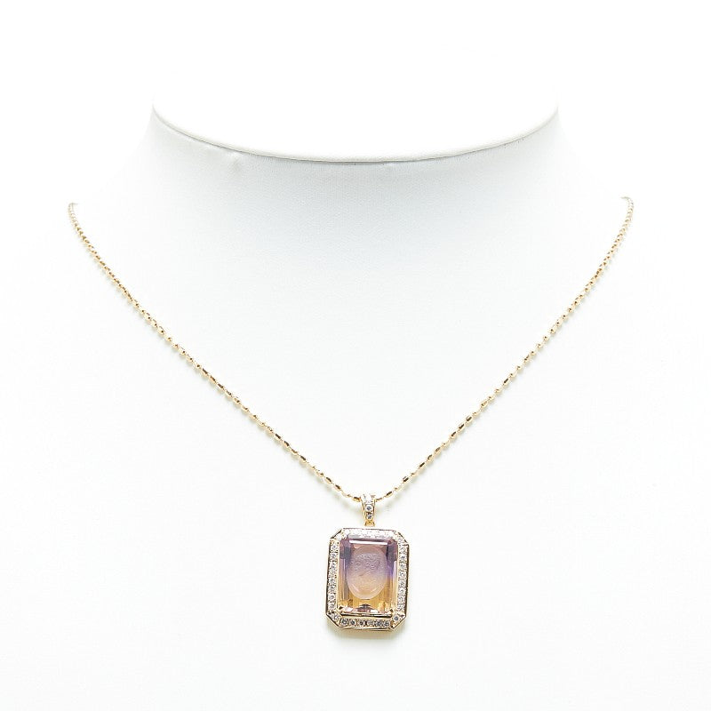 Tasaki K18YG Yellow Gold Ametrine 12.40ct Diamond 0.58ct Cameo Pendant Necklace