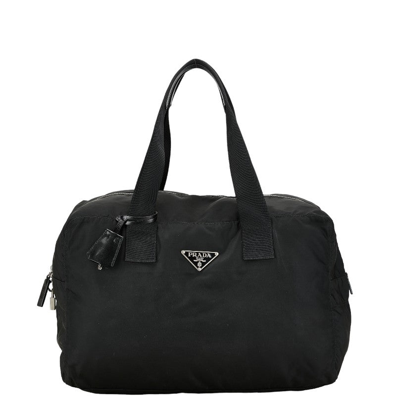 Prada Nylon Triangle Logo Plate Boston Bag Handbag Black in Very Good Condition