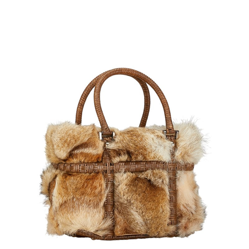 Salvatore Ferragamo Fur Rattan Handbag Natural Material Handbag EZ-21 5842 in Good condition