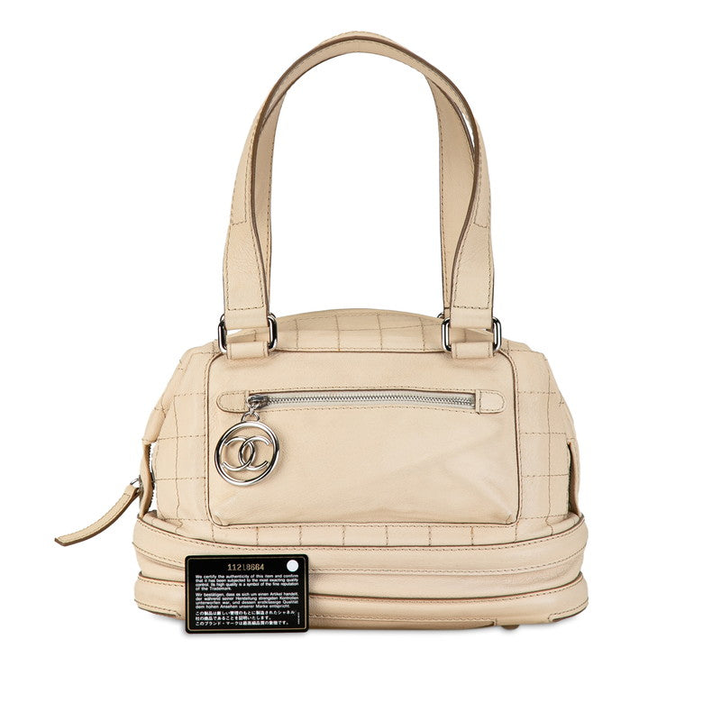 Chanel Leather Coco Mark Boston Handbag Beige