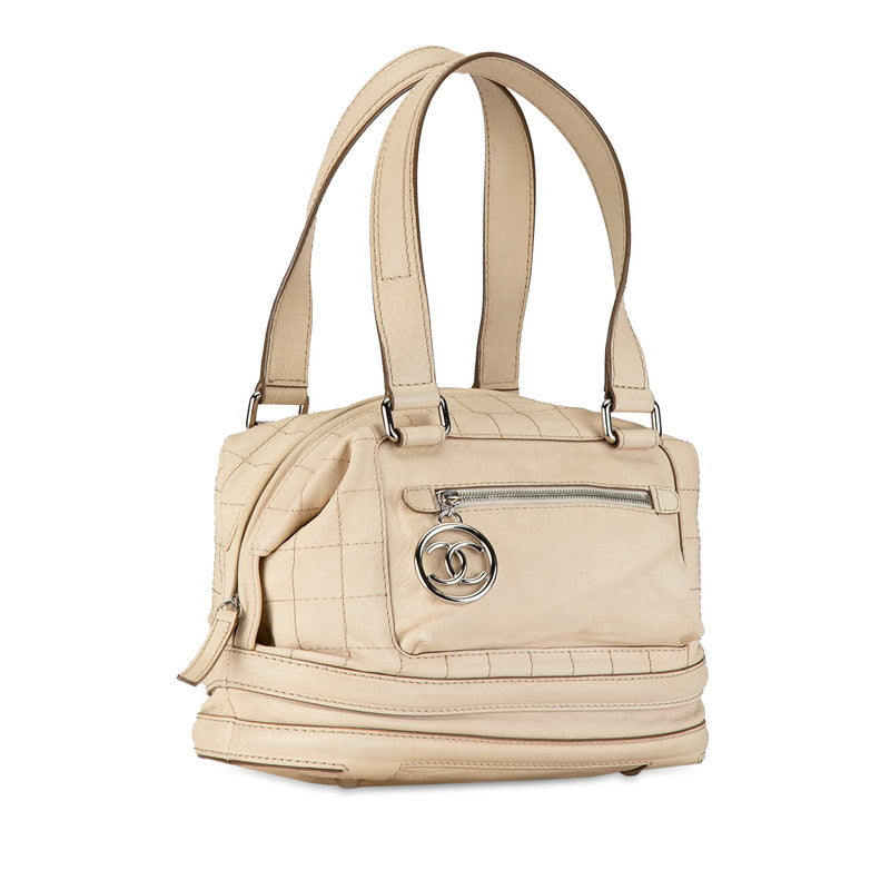 Chanel Leather Coco Mark Boston Handbag Beige