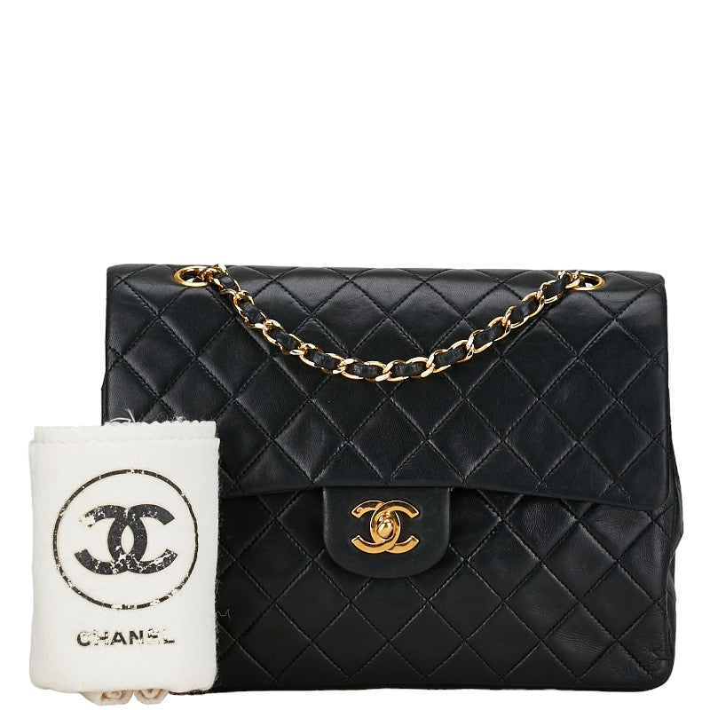 Chanel Matelasse 25 Double Flap Chain Shoulder Bag Black Lambskin in Very Good Condition