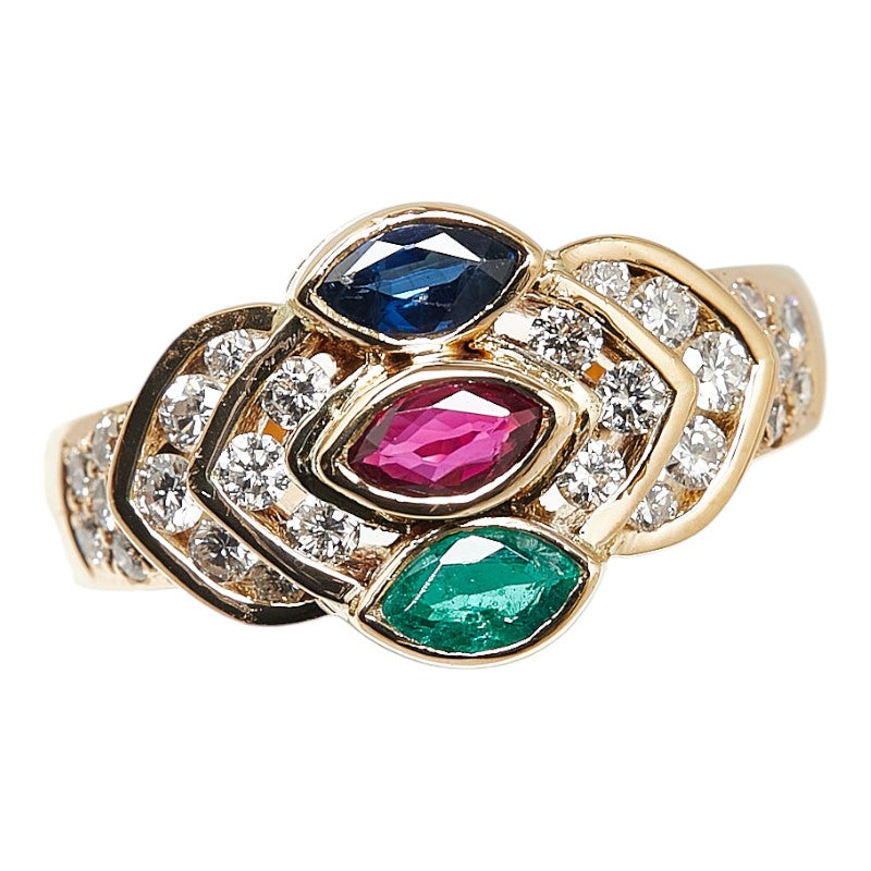 K18YG Yellow Gold Ring with Emerald, Ruby, Sapphire, Diamond in Great Condition