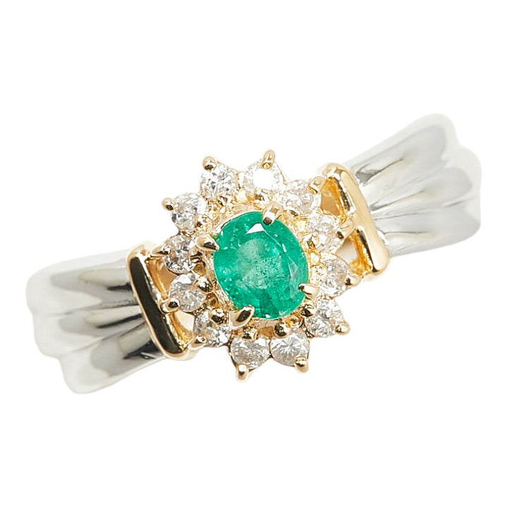 Pt900 Platinum K18YG Yellow Gold Emerald Diamond Ring in Excellent Condition