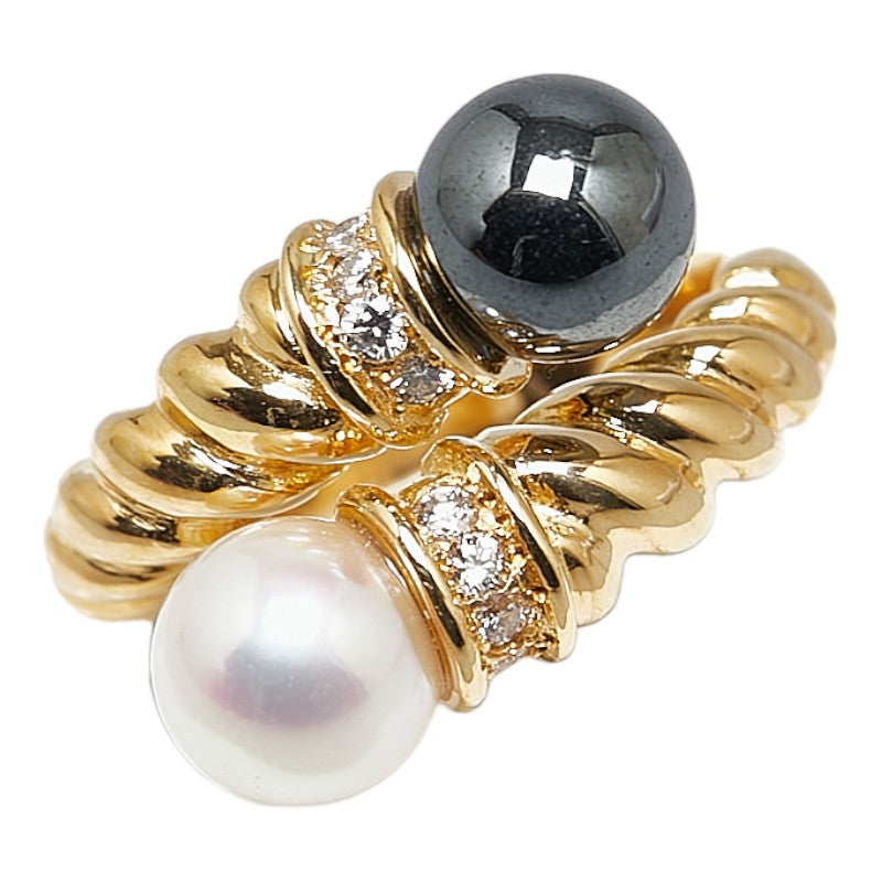 K18YG Yellow Gold Pearl 6.2mm Hematite 0.1ct Diamond Ring in Excellent Condition