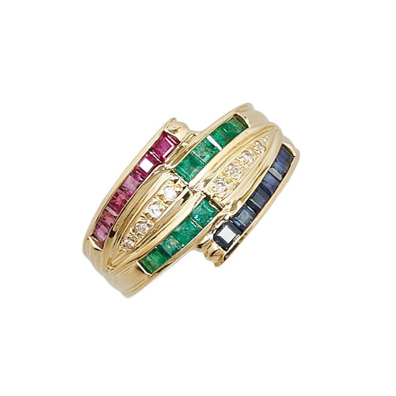 K18YG Yellow Gold Emerald Diamond Ruby Sapphire Ring