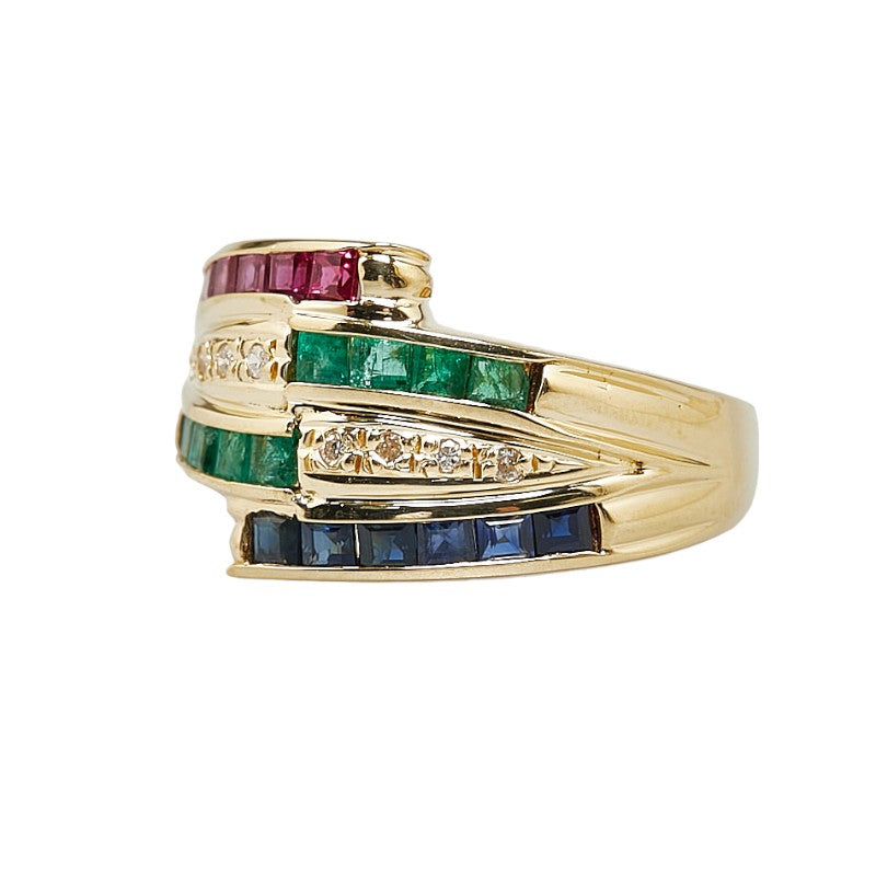 K18YG Yellow Gold Emerald Diamond Ruby Sapphire Ring