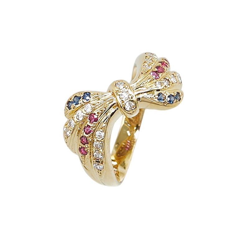 K18YG Yellow Gold Diamond Ruby Sapphire Ribbon Motif Ring in Excellent Condition