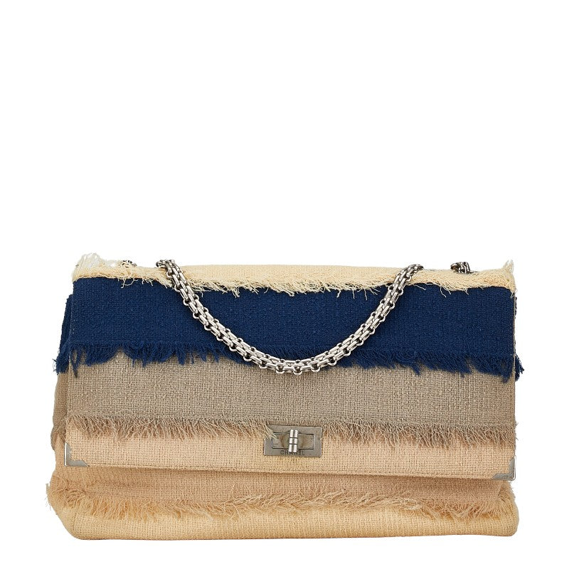 Chanel Beige Navy Linen Chain Shoulder Bag in Very Good Condition