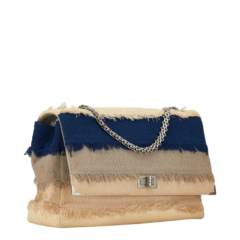 Chanel Linen Chain Shoulder Bag Beige Navy