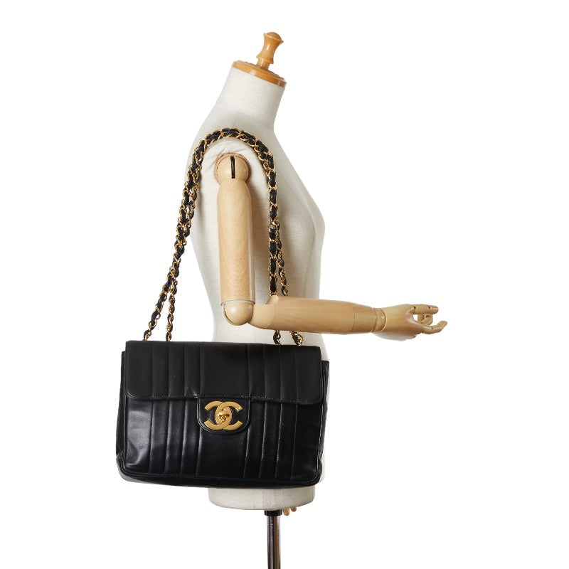 Chanel Mademoiselle Coco Mark Double Flap Chain Shoulder Bag Black Lambskin in Very Good Condition