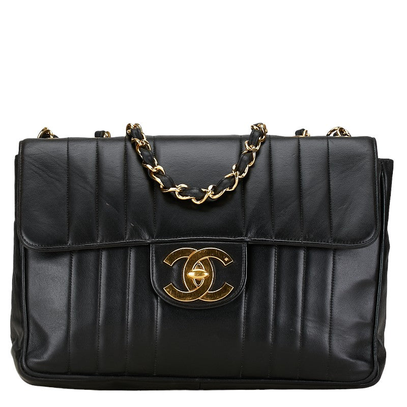 Chanel Mademoiselle Coco Mark Double Flap Chain Shoulder Bag Black Lambskin in Very Good Condition