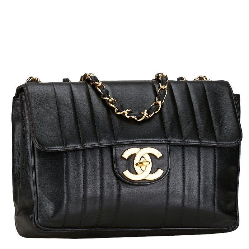 Chanel Mademoiselle Coco Mark Double Flap Chain Shoulder Bag Black Lambskin in Very Good Condition