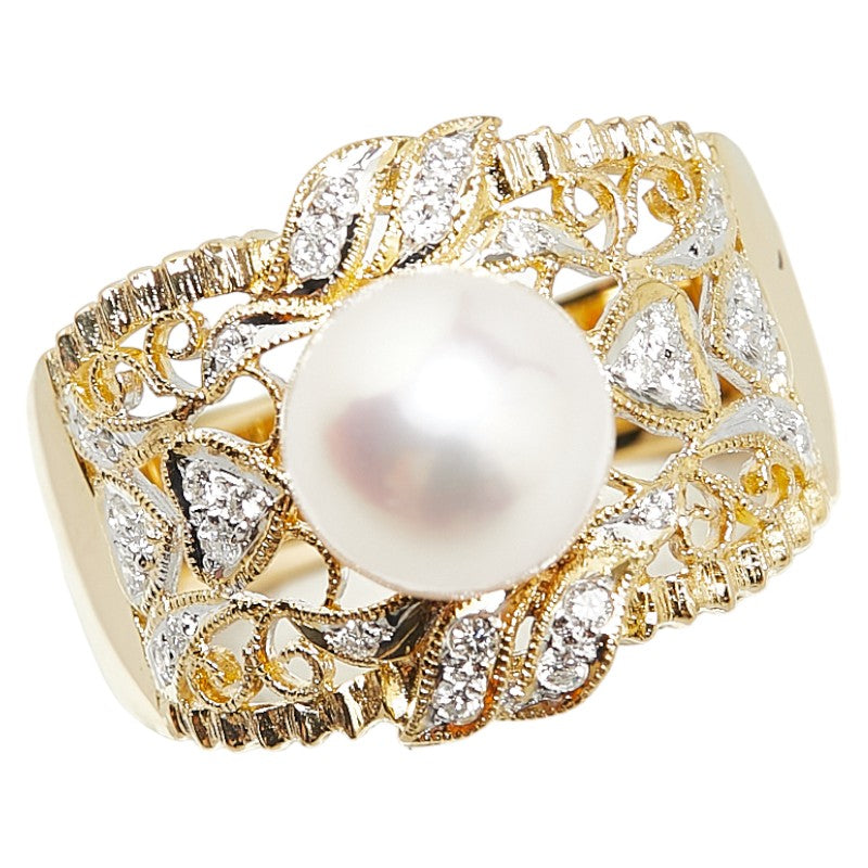 K18YG Yellow Gold Akoya Pearl 8.2mm Diamond 0.18ct Ring in Excellent Condition